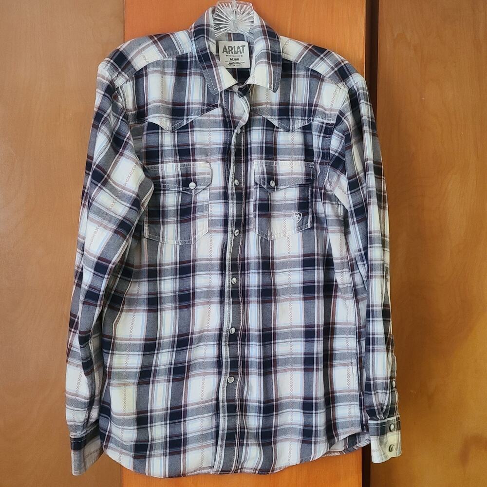 Mens Ariat LS Western Plaid Pearl Snap Down Medium Shirt Retro Fit Casual